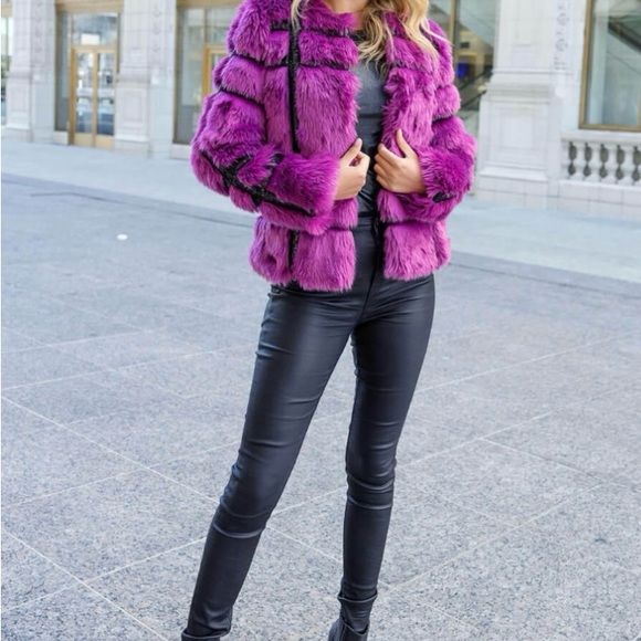 Orchid Magenta Faux Fur Style Starter Sequin Jacket - Picture 5 of 6